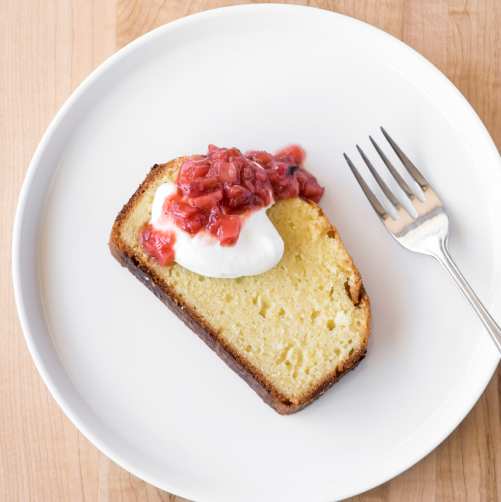 pound cake with roasted strawberry fennel compote
