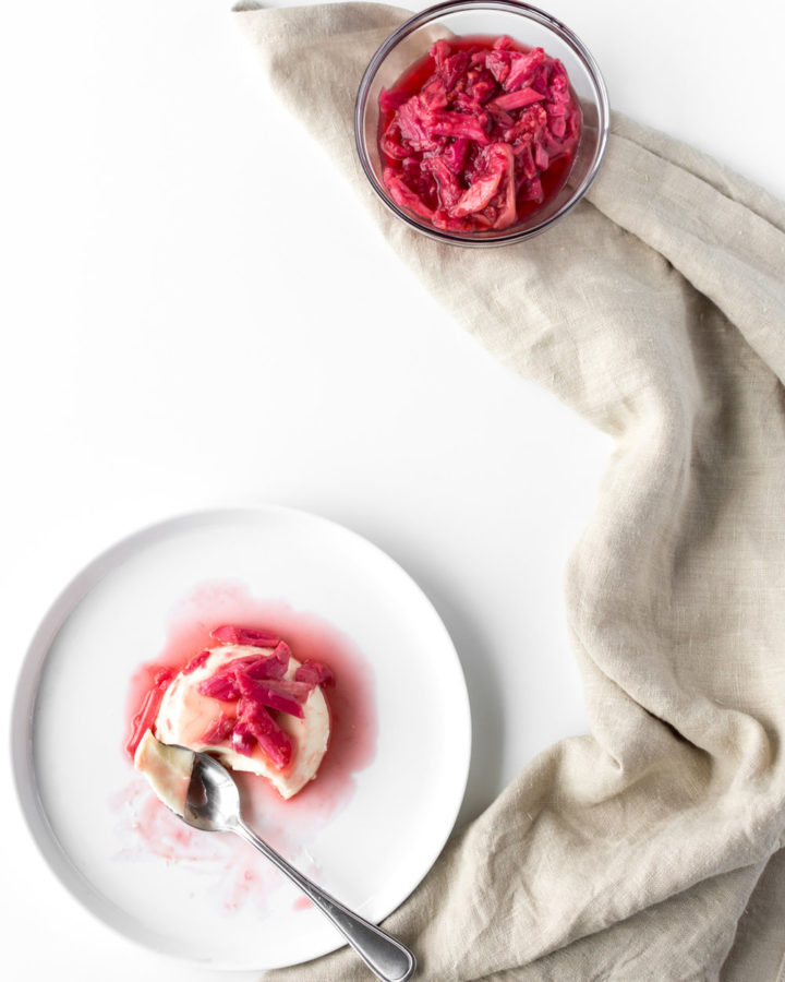 creme fraiche panna cotta with ginger roasted rhubarb