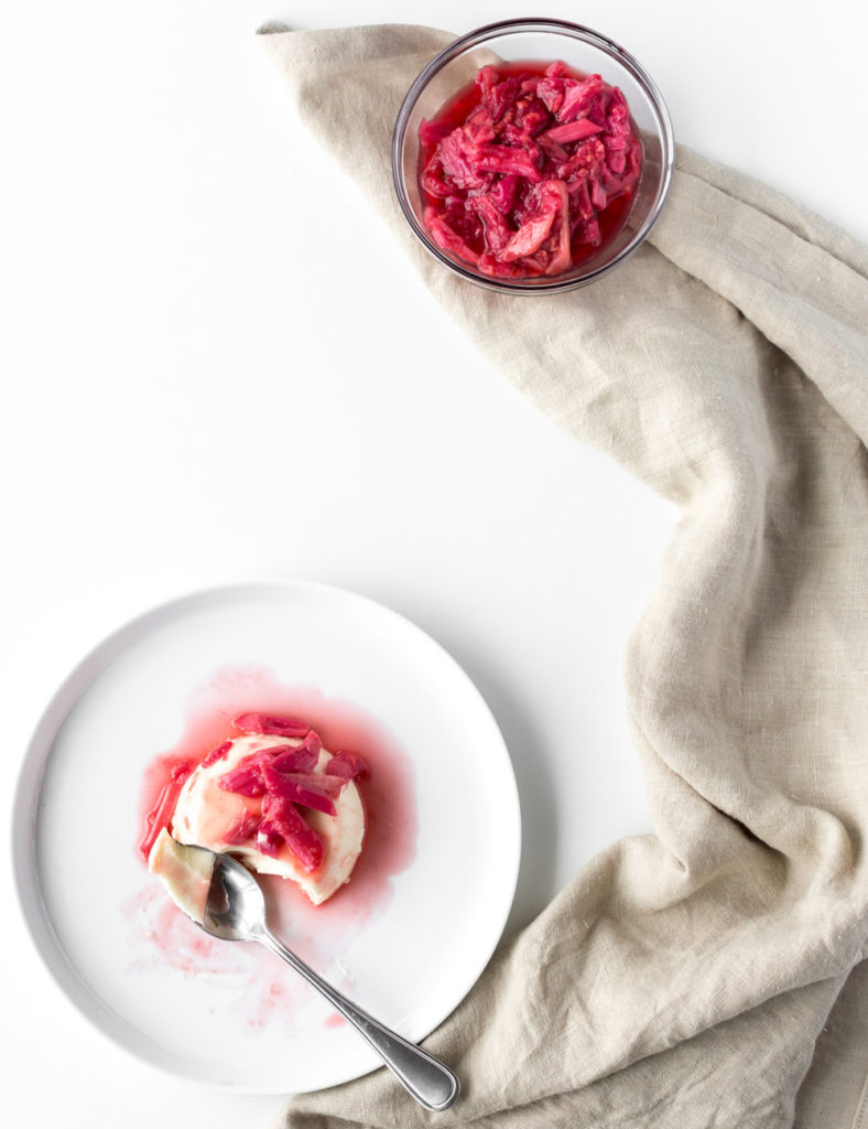 creme fraiche panna cotta with ginger roasted rhubarb