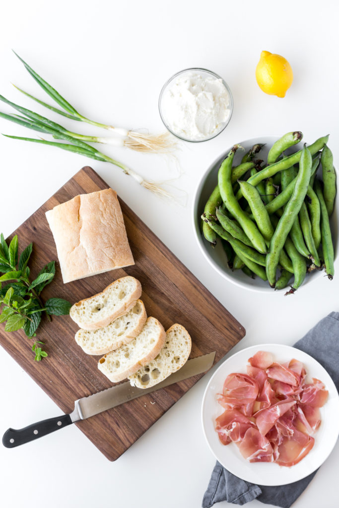 fava bean toast with ricotta and crispy prosciutto