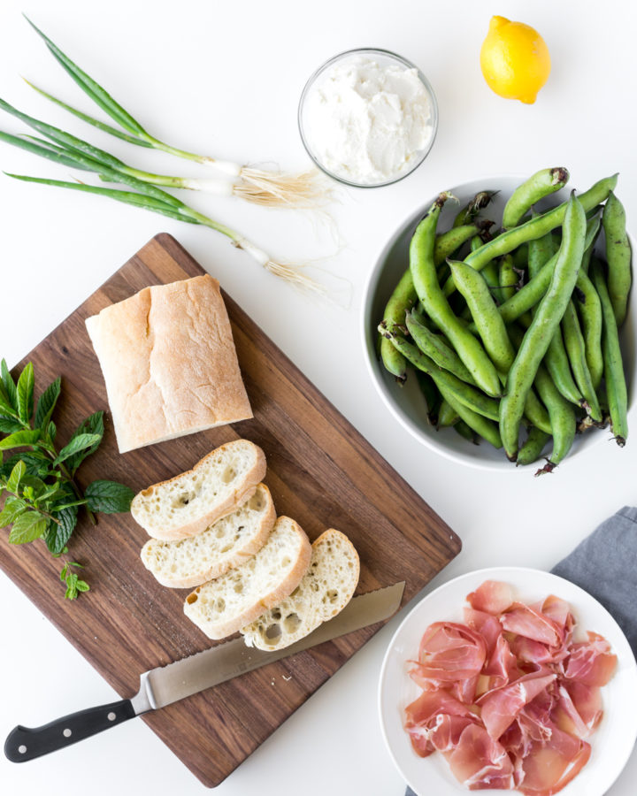 fava bean toast with ricotta and crispy prosciutto