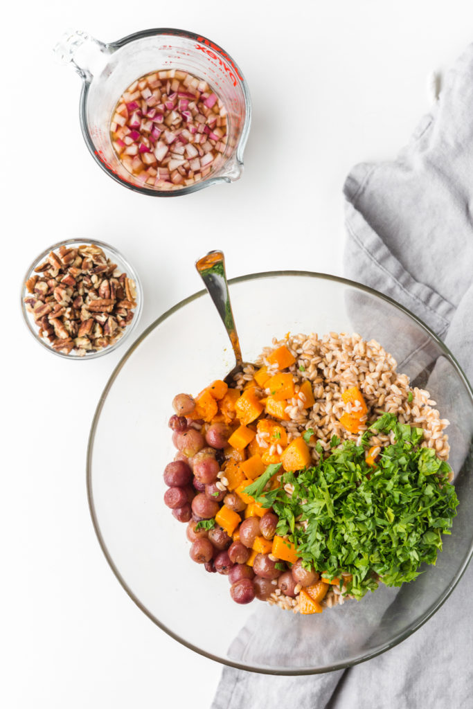 fall grain salad with farro, roasted grapes, pecans and pickled shallots