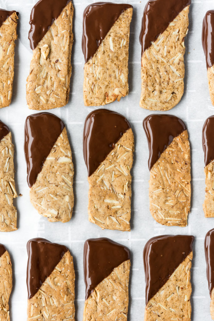 dark chocolate dipped crunchy almond cookies-- withspice seasonal food blog