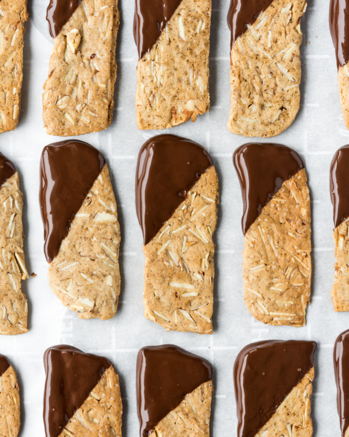 dark chocolate dipped crunchy almond cookies-- withspice seasonal food blog