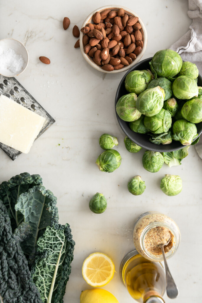 ingredients_kale, brussels sprouts, pecorino, almonds, mustard, lemon juice, vinegar, olive oil