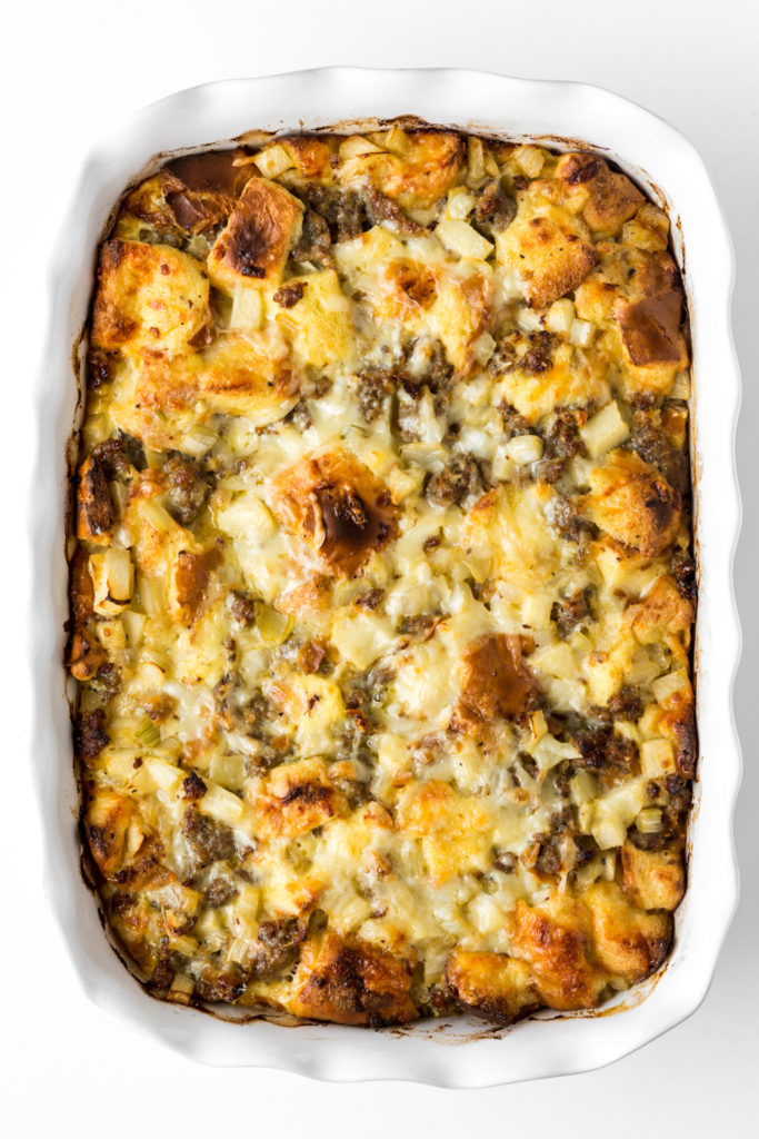 baked breakfast strata with apples, fennel and sausage