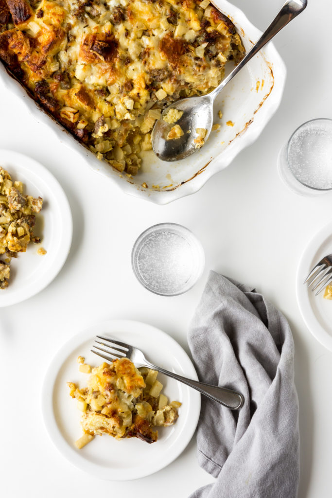 breakfast casserole with brioche, apples, fennel and sausage