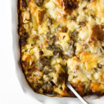 brioche breakfast strata with apples, sausage and fennel