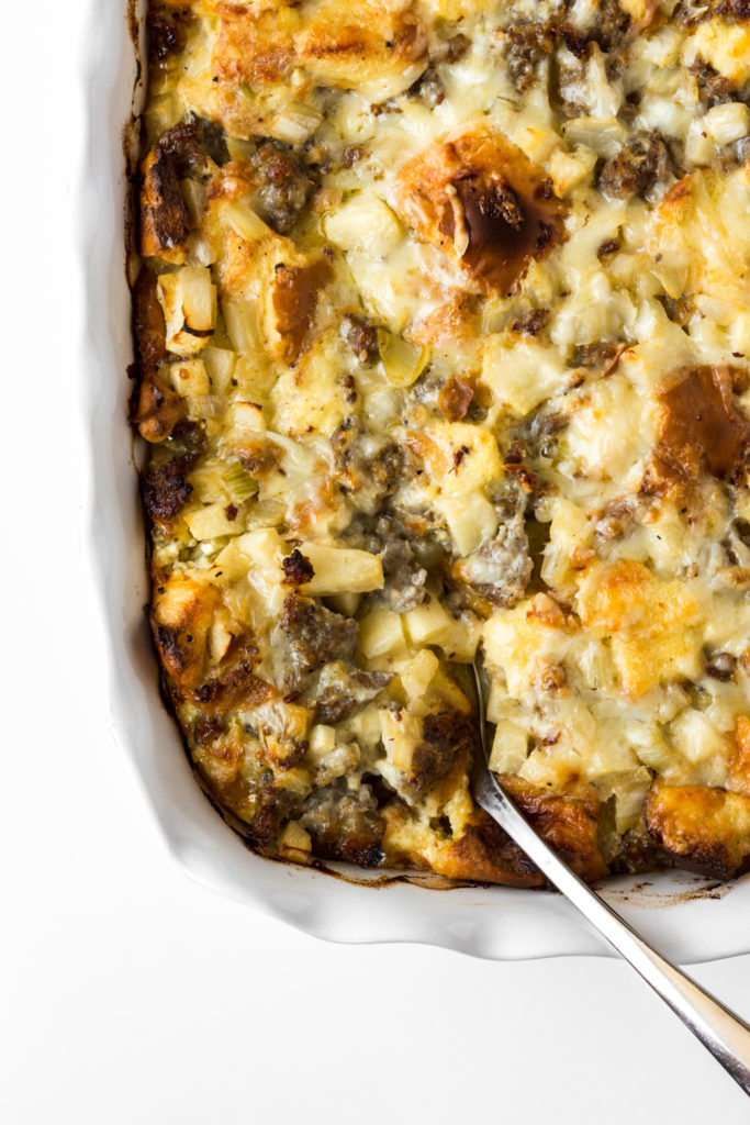 brioche breakfast strata with apples, sausage and fennel