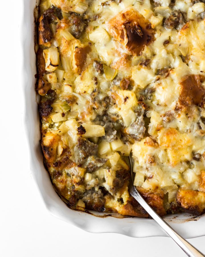 brioche breakfast strata with apples, sausage and fennel