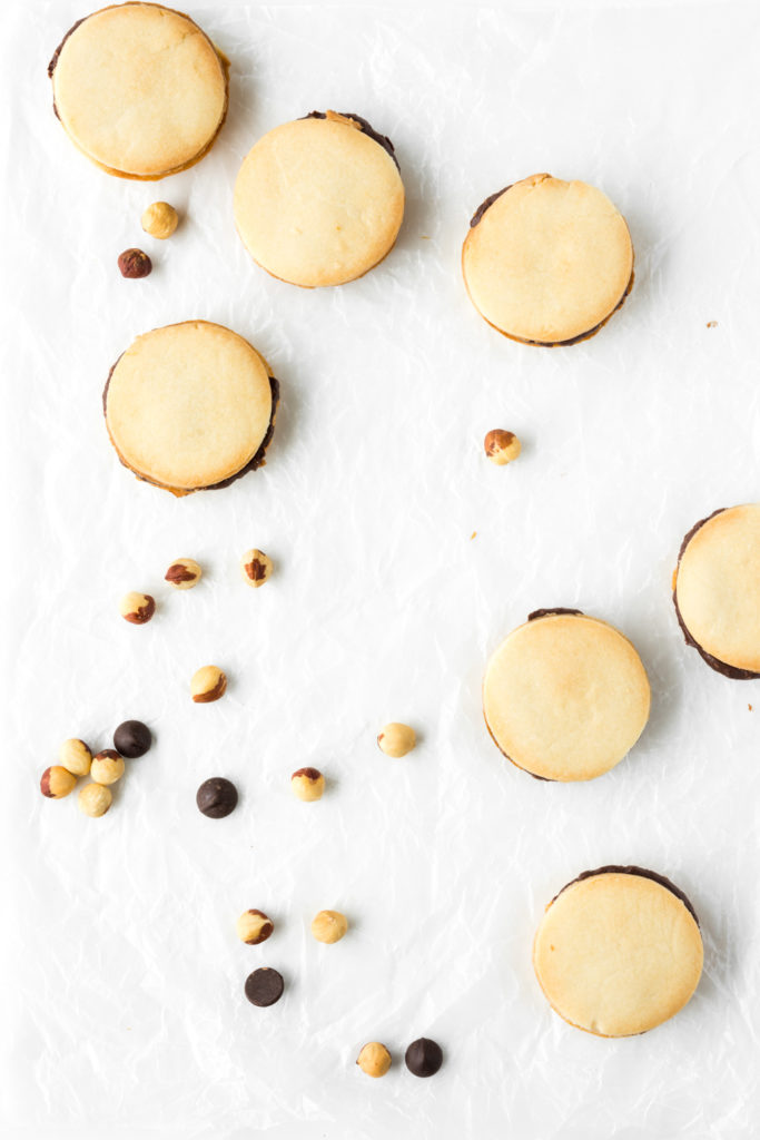 butter cookies with dark chocolate hazelnut ganache filling