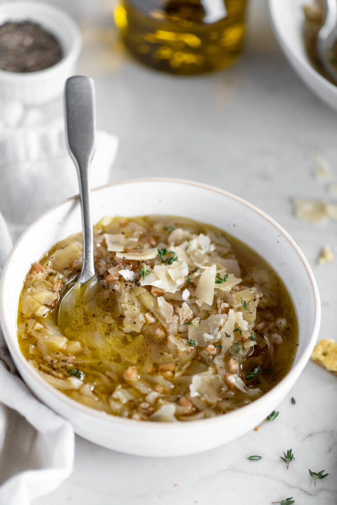 cabbage farro soup with fresh parmesan