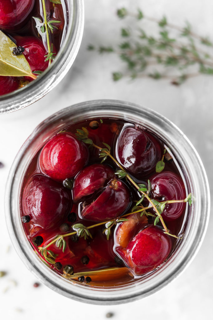 quick pickled cherries with black pepper and thyme