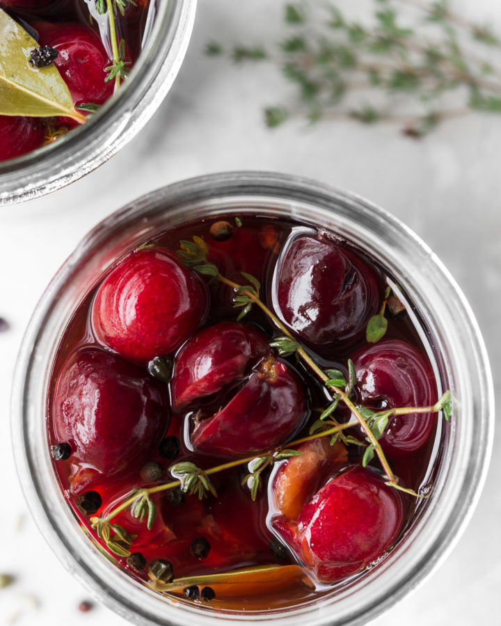 quick pickled cherries with black pepper and thyme