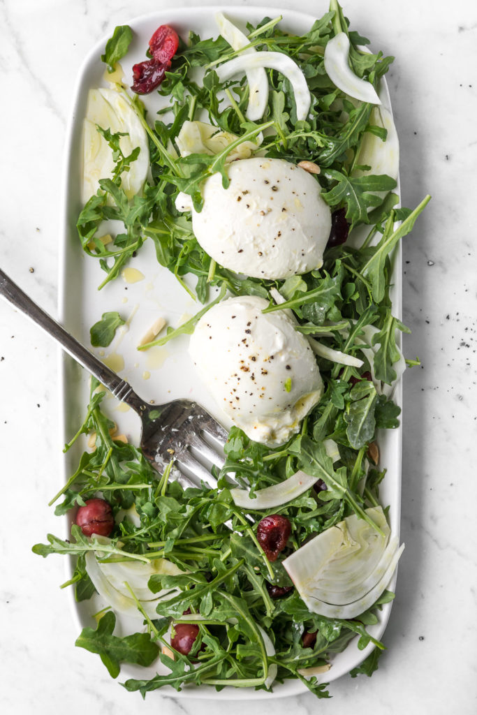 arugula salad, fennel, burrata, almonds, pickled cherries