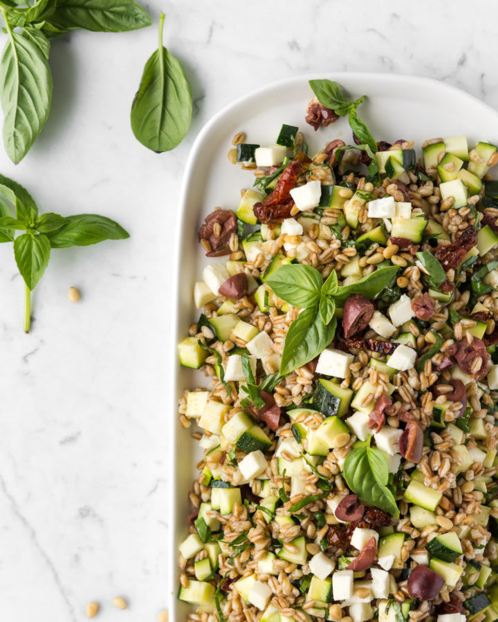 farro salad with zucchini, olives and slow roasted tomatoes-- withspice seasonal food blog