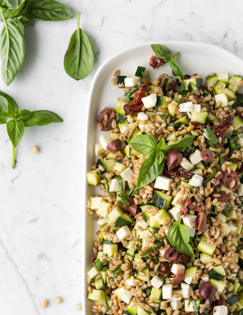 farro salad with zucchini, olives and slow roasted tomatoes-- withspice seasonal food blog