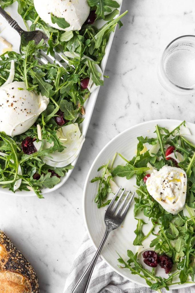 arugula fennel salad with pickled cherries and burrata-- withspice seasonal food blog