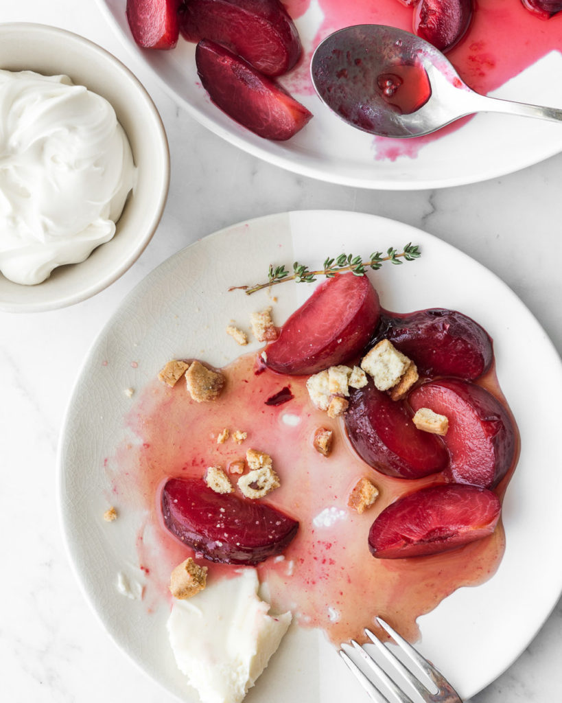 honey poached plums with mascarpone and almond biscotti