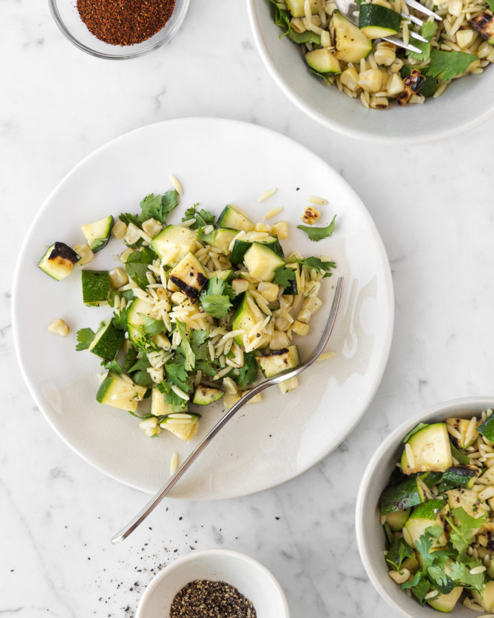 orzo pasta salad with grilled corn, zucchini and lime-- withspice seasonal food blog