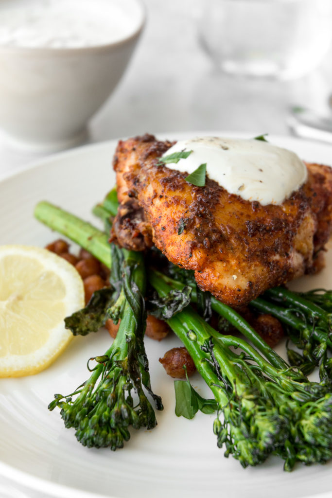 sheet pan chicken with harissa, broccolini and chickpeas-- withspice food blog