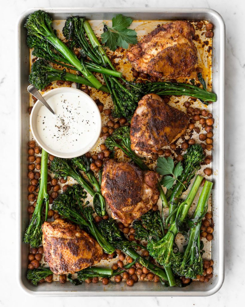 sheet pan chicken with harissa, broccolini and chickpeas