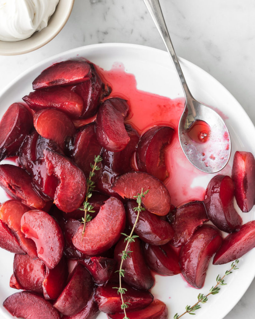 honey thyme poached plums with sweet mascarpone and biscotti