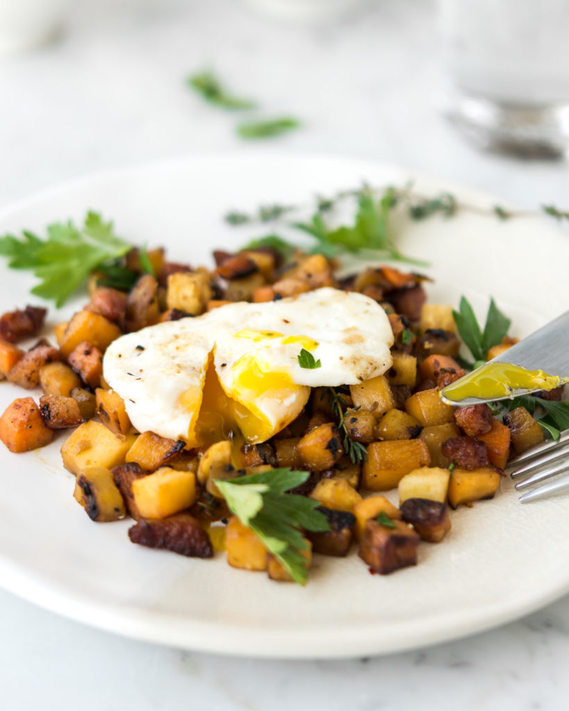 root vegetable hash with pancetta and poached eggs