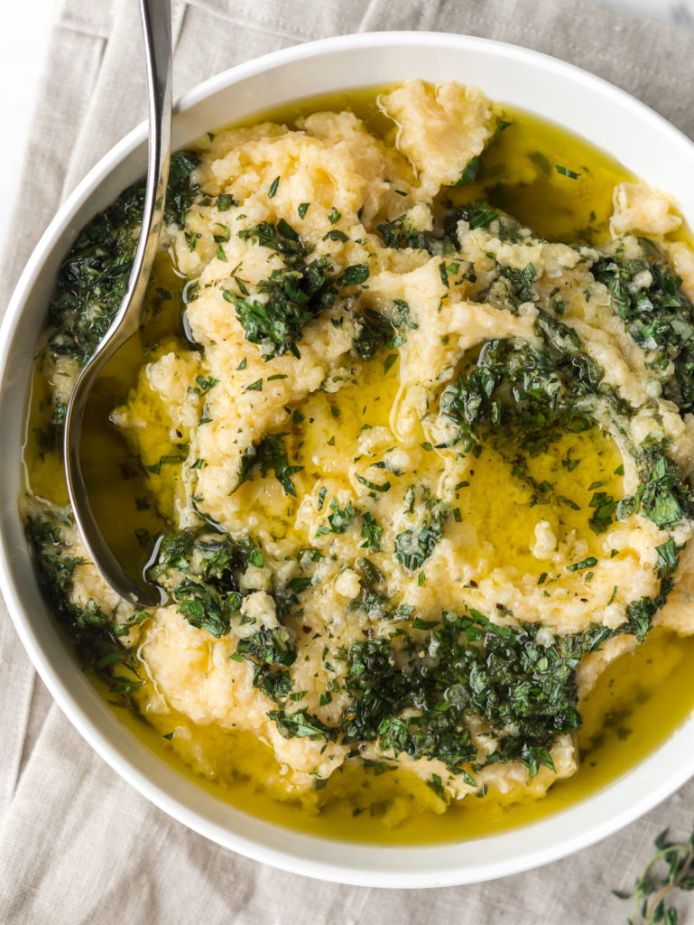 creamy mashed rutabaga recipe with herbs, lemon and olive oil