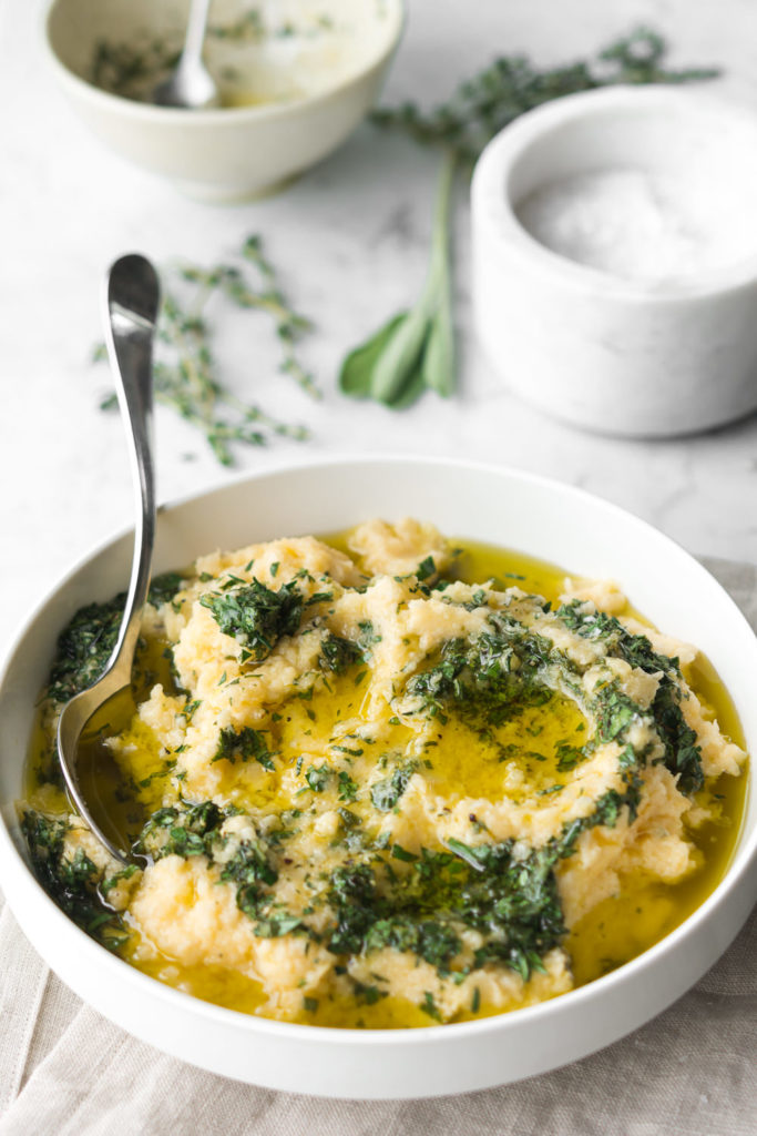 creamy mashed rutabaga with olive oil, lemon and herbs