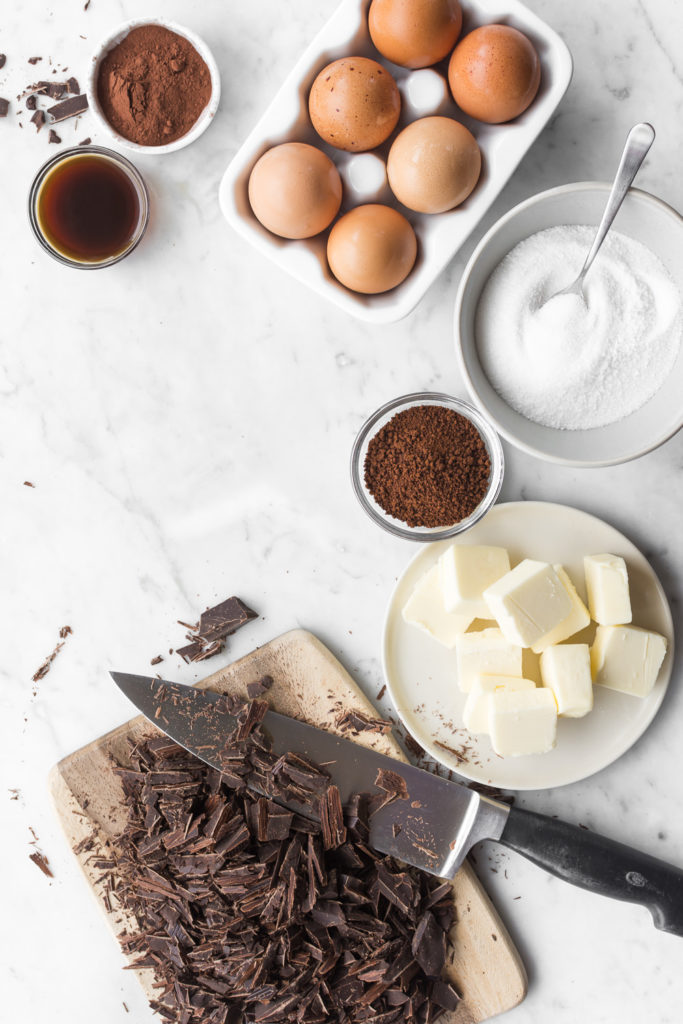 ingredients for fallen chocolate espresso souffle cake