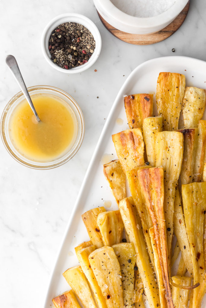 roasted parsnips with maple, butter, ginger glaze