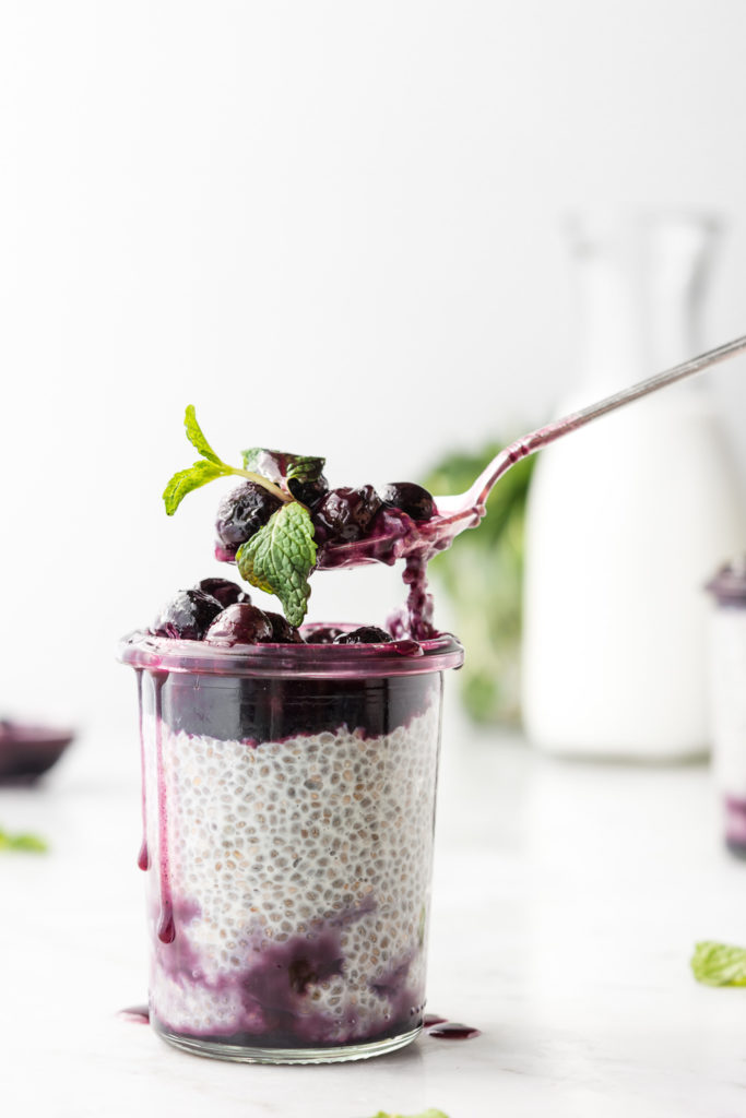 overnight chia seed pudding with maple butter blueberries