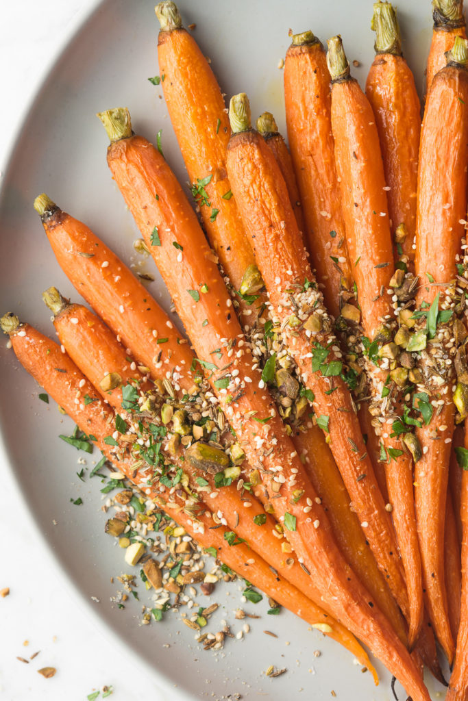 roasted whole carrots with pistachio dukkah