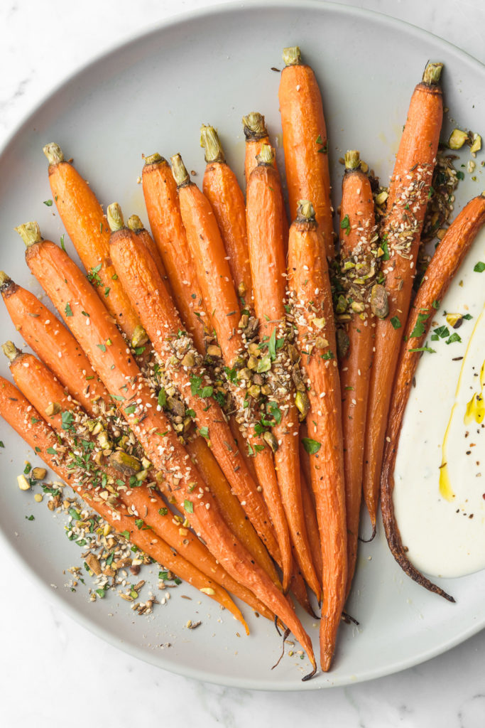 whole roasted carrots with dukkah and tahini yogurt