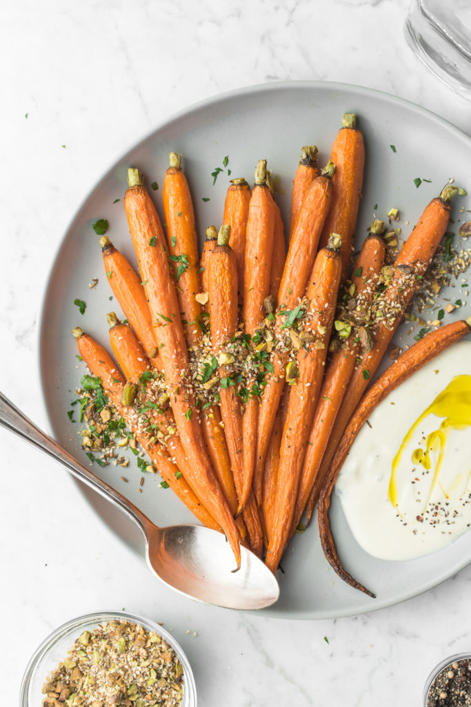 whole roasted carrots with pistachio dukkah