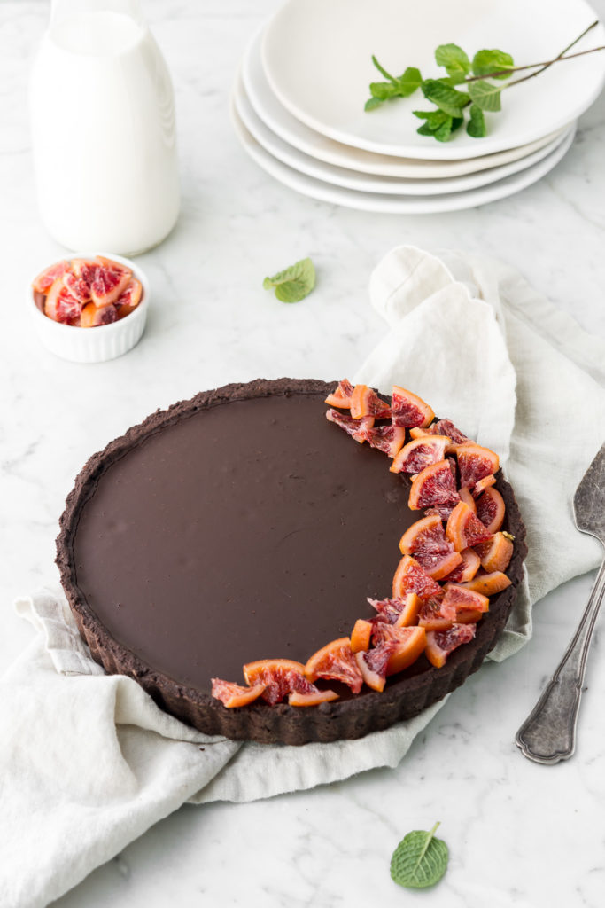baked chocolate tart with candied blood oranges