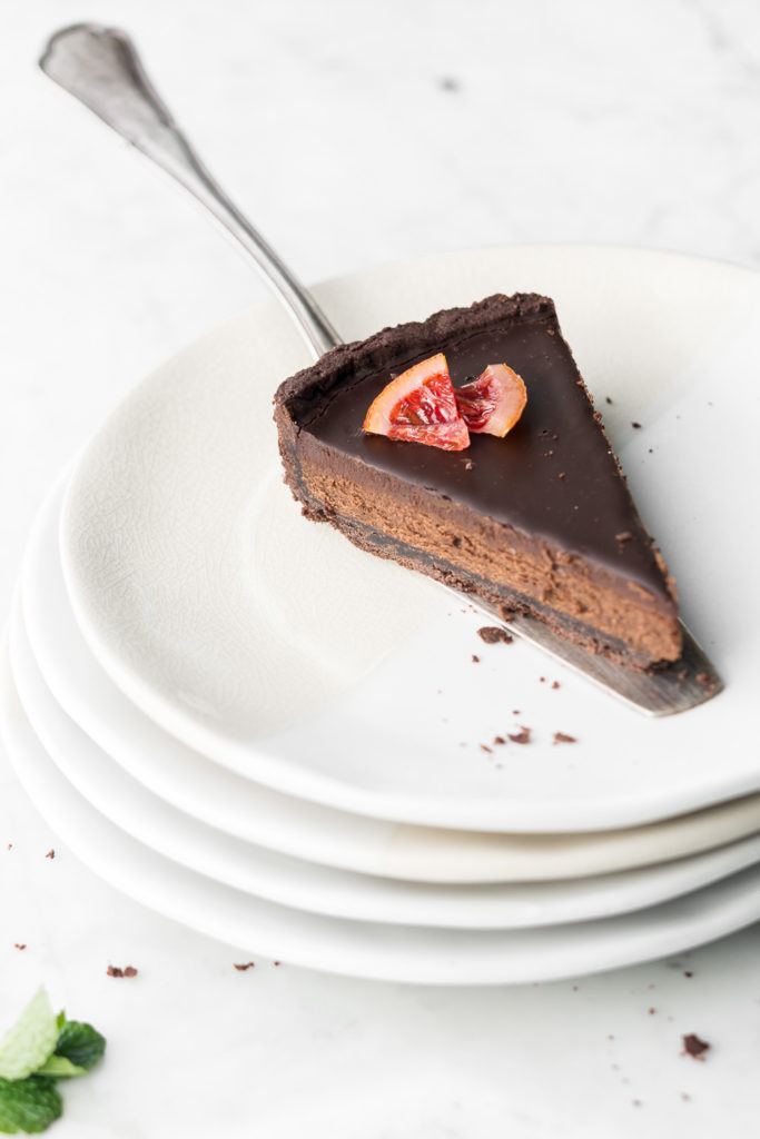 bittersweet chocolate tart with candied oranges