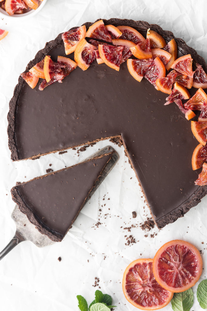 double chocolate tart with candied blood oranges