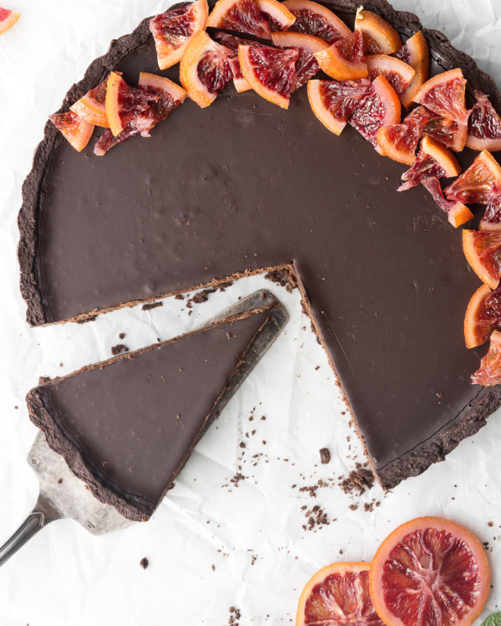 double chocolate tart with candied blood oranges