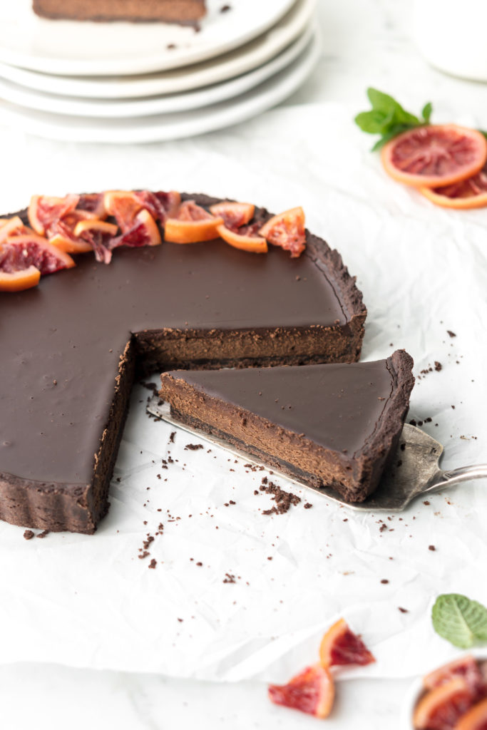 double chocolate tart with candied orange slices