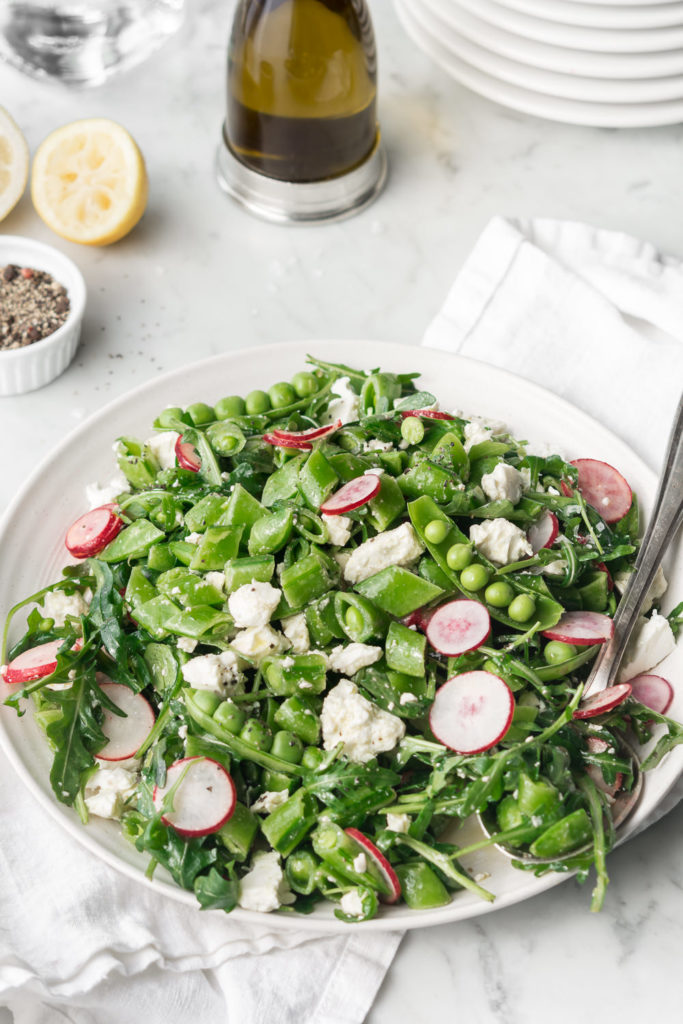 snap pea salad with radishes, feta and arugula