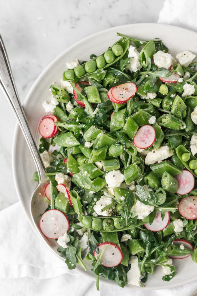 sugar snap pea salad with radishes, feta and arugula - With Spice