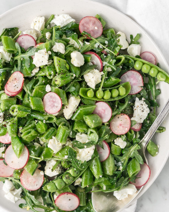 sugar snap pea salad with radishes, feta and arugula