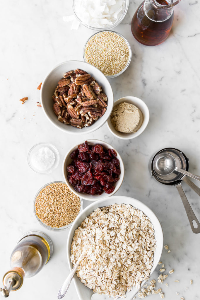 oats, dried cherries, pecans, millet, flax, maple syrup, olive oil