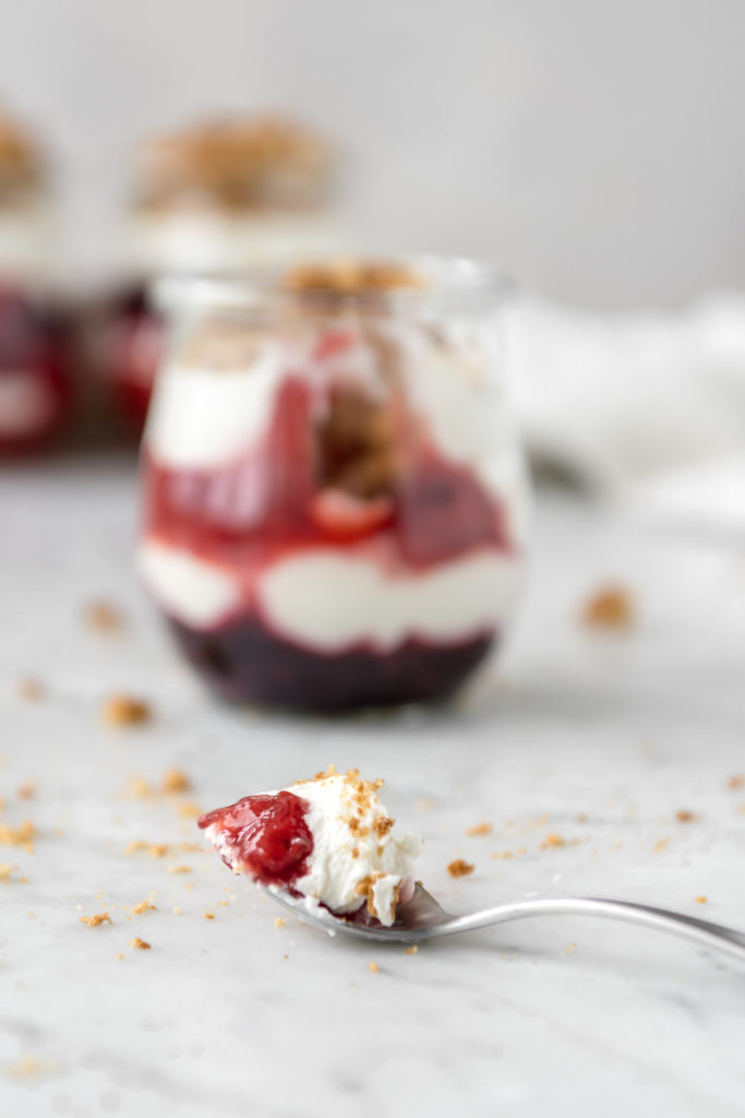 mixed berry parfait with no bake cheesecake and gingersnap crumbles