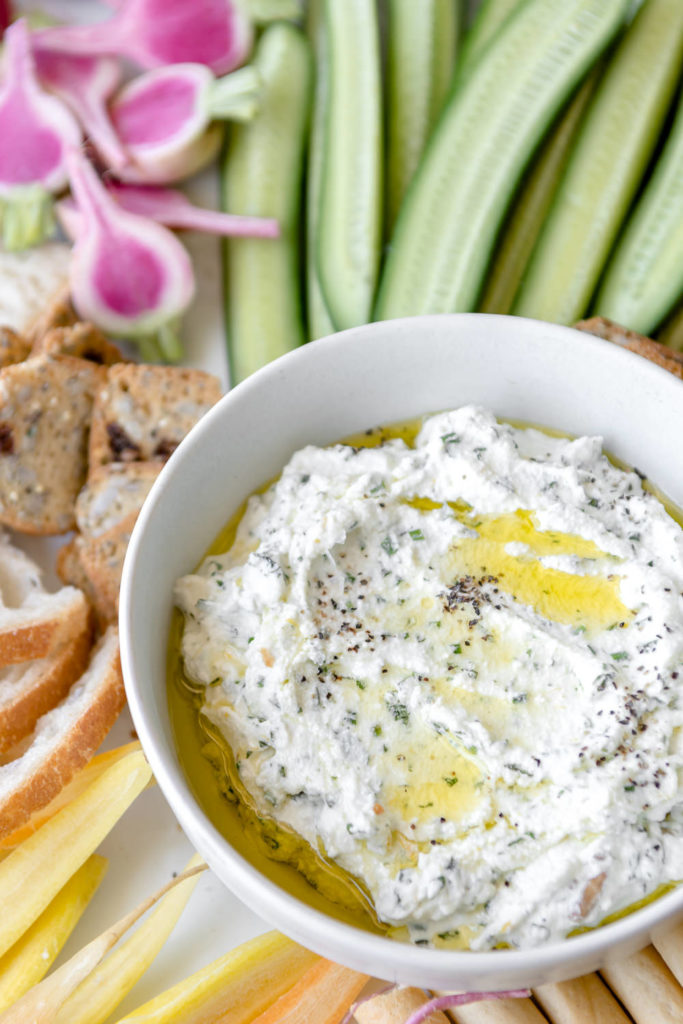 ricotta snack dip with crudites and crackers