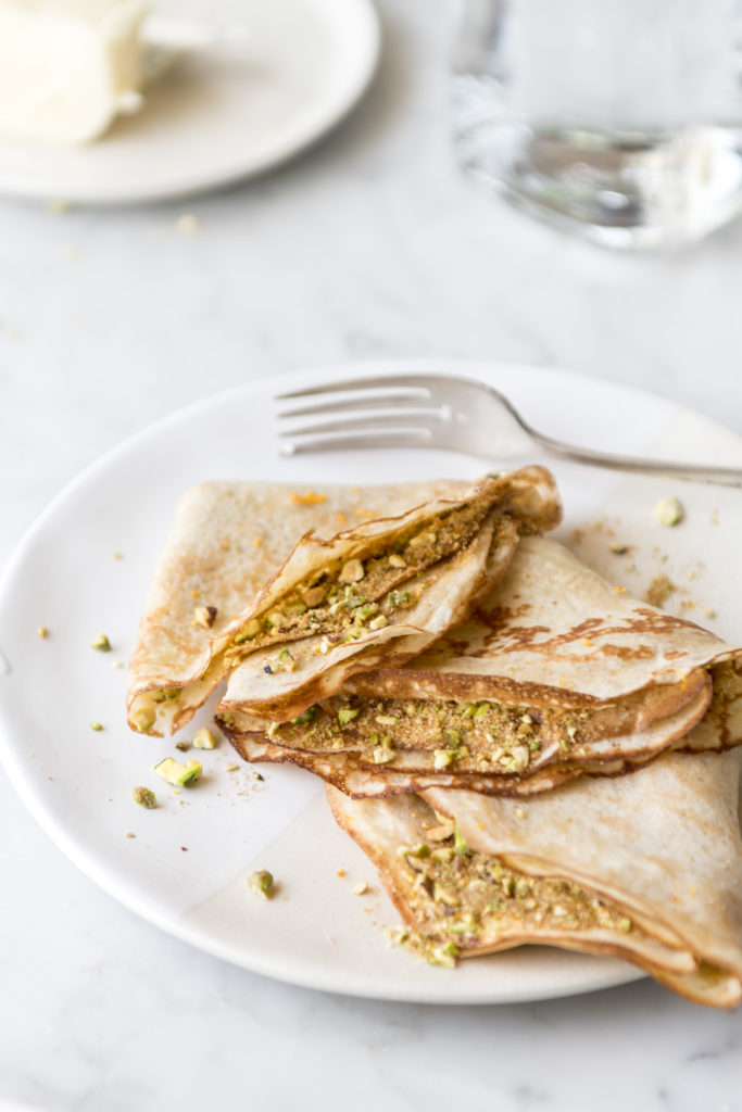 basic sourdough crepes with pistachio cinnamon sugar