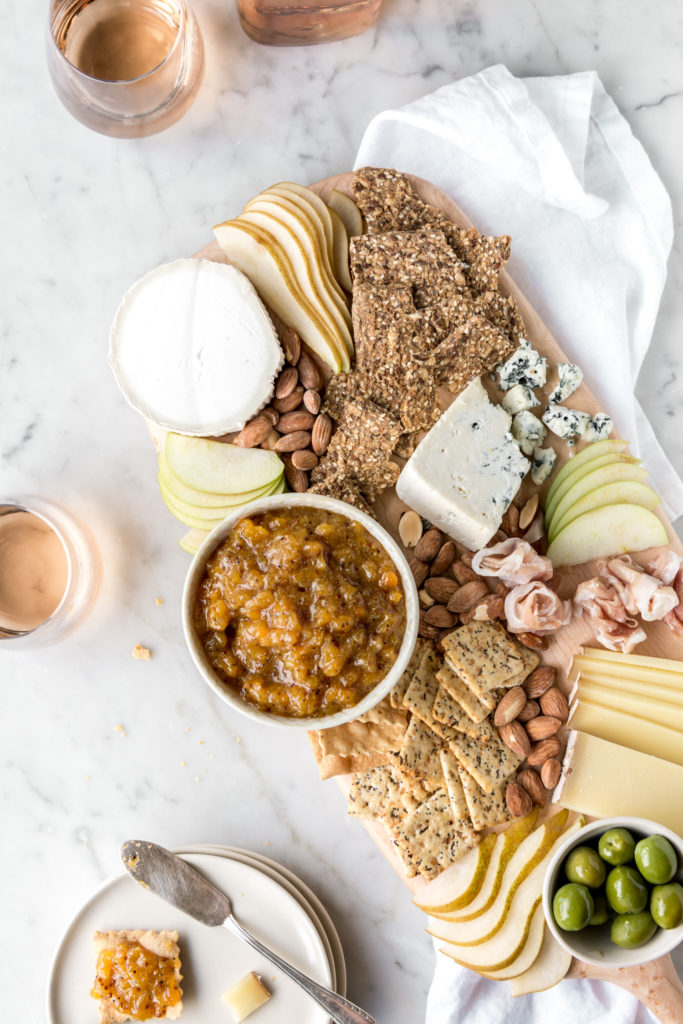 cheese board with spicy peach chutney