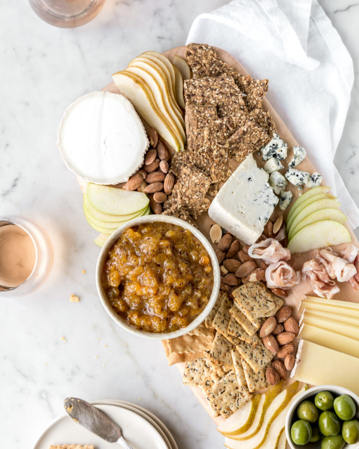 cheese board with spicy peach chutney